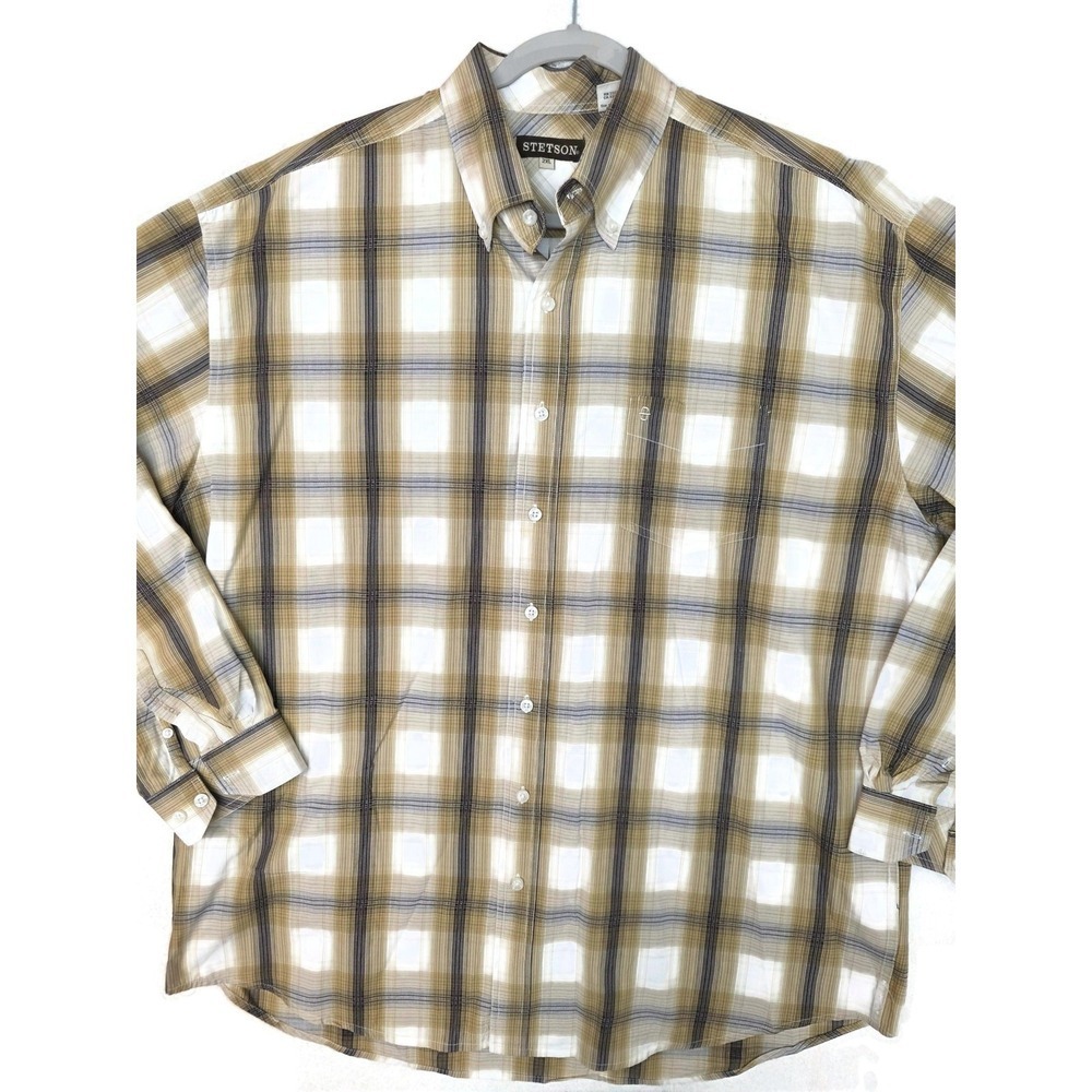 Stetson Shirt Mens 2XL Beige Plaid Long Sleeve Button Front Casual Classic